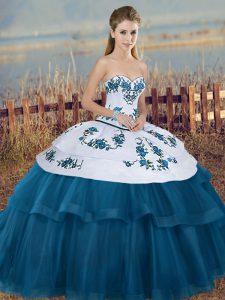 Glittering Blue And White Tulle Lace Up 15th Birthday Dress Sleeveless Floor Length Embroidery and Bowknot