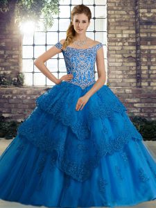 Free and Easy Brush Train Ball Gowns Quinceanera Dress Blue Off The Shoulder Tulle Sleeveless Lace Up