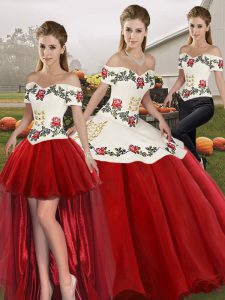 White And Red Sleeveless Floor Length Embroidery Lace Up Sweet 16 Dresses