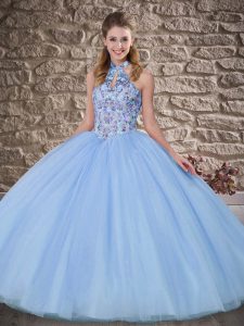 Fancy Blue Ball Gowns Tulle Halter Top Sleeveless Embroidery Lace Up 15th Birthday Dress Brush Train