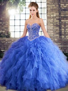 Elegant Sleeveless Floor Length Beading and Ruffles Lace Up Quinceanera Gown with Blue