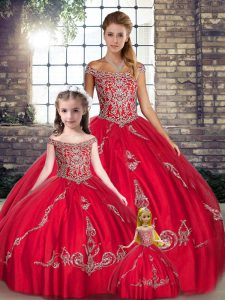 Adorable Off The Shoulder Sleeveless 15 Quinceanera Dress Floor Length Beading and Embroidery Red Tulle