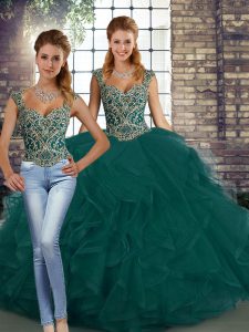 Peacock Green Sleeveless Floor Length Beading and Ruffles Lace Up Quinceanera Dress