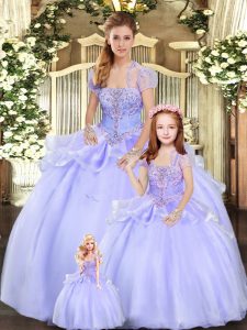 Lavender Ball Gowns Strapless Sleeveless Organza Floor Length Lace Up Beading and Appliques 15 Quinceanera Dress