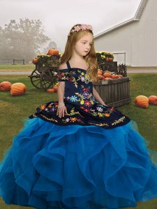 Blue Sleeveless Embroidery and Ruffles Floor Length Little Girls Pageant Dress