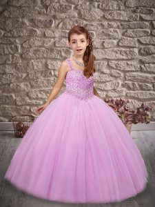 Straps Sleeveless Lace Up Little Girls Pageant Gowns Lilac Tulle