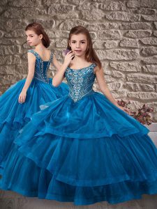 Blue Girls Pageant Dresses Organza Sweep Train Sleeveless Beading and Ruffled Layers