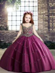 Fuchsia Tulle Lace Up Little Girl Pageant Dress Sleeveless Floor Length Beading
