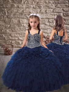Navy Blue Sleeveless Organza Lace Up Little Girl Pageant Dress for Wedding Party