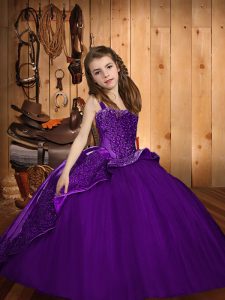 Purple Ball Gowns Tulle Straps Sleeveless Beading and Appliques Floor Length Lace Up Kids Pageant Dress