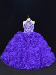Purple Sleeveless Floor Length Beading and Ruffles Lace Up Ball Gown Prom Dress
