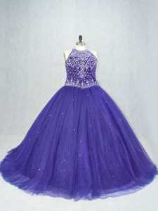 Glorious Purple Lace Up Sweet 16 Dresses Beading Sleeveless Brush Train