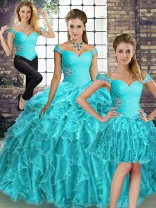 Aqua Blue Lace Up Off The Shoulder Beading and Ruffles Sweet 16 Dresses Organza Sleeveless Brush Train