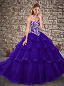 Latest Purple Tulle Lace Up Quinceanera Dresses Sleeveless Brush Train Embroidery and Ruffled Layers