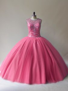 Rose Pink Ball Gowns Scoop Sleeveless Tulle Floor Length Lace Up Beading Vestidos de Quinceanera