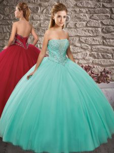 Sweet Sleeveless Tulle Floor Length Lace Up Quinceanera Dresses in Apple Green with Beading