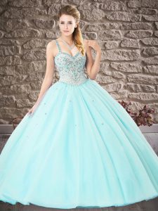 Latest Aqua Blue Sleeveless Beading and Lace Floor Length Sweet 16 Dress