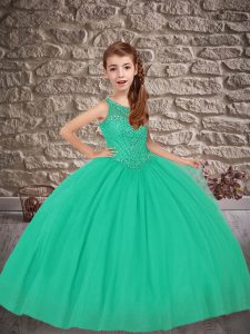 Stylish Scoop Sleeveless Sweep Train Lace Up Kids Formal Wear Turquoise Tulle