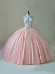 Sophisticated Peach Ball Gowns Halter Top Sleeveless Tulle Floor Length Lace Up Beading and Lace Quinceanera Gown