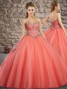 Watermelon Red Quinceanera Gowns Military Ball and Sweet 16 and Quinceanera with Beading Sweetheart Sleeveless Lace Up