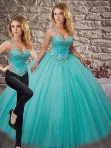 Glittering Aqua Blue Tulle Lace Up Straps Sleeveless Floor Length Sweet 16 Quinceanera Dress Beading