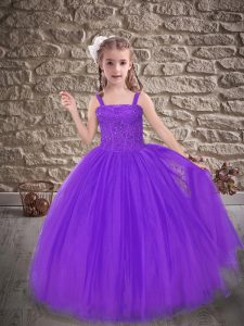 Sleeveless Beading and Appliques Lace Up Pageant Gowns For Girls with Purple Sweep Train