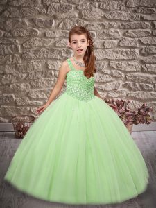 Green Ball Gowns Beading Child Pageant Dress Lace Up Tulle Sleeveless Floor Length