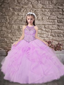 Lilac Sleeveless Beading and Ruffles Lace Up Little Girl Pageant Gowns