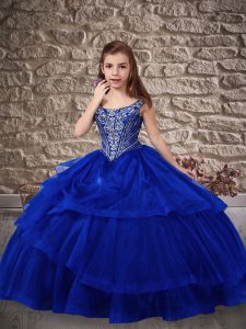 Superior Royal Blue Little Girl Pageant Gowns Wedding Party with Beading and Ruffled Layers Straps Sleeveless Sweep Trai
