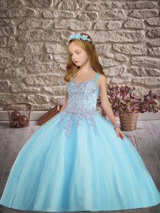 Sleeveless Floor Length Beading and Appliques Lace Up Little Girl Pageant Gowns with Aqua Blue