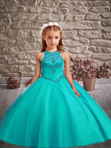 Teal Sleeveless Tulle Sweep Train Lace Up Child Pageant Dress for Wedding Party