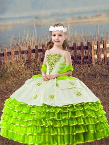 Yellow Green Organza Lace Up Little Girls Pageant Dress Wholesale Sleeveless Floor Length Beading and Embroidery and Ruf