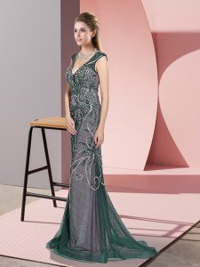 Custom Design Peacock Green Prom Dresses Tulle Sweep Train Sleeveless Beading