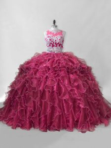 On Sale Hot Pink Quinceanera Dresses Organza Brush Train Sleeveless Beading and Ruffles
