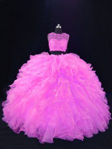 Sleeveless Floor Length Beading and Ruffles Zipper Quinceanera Gowns with Pink