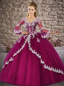 Ideal Tulle V-neck 3 4 Length Sleeve Lace Up Lace Quinceanera Dress in Fuchsia