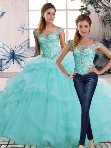 Two Pieces Quinceanera Gown Aqua Blue Off The Shoulder Tulle Sleeveless Floor Length Lace Up