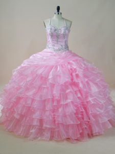 High Class Ball Gowns Quinceanera Dress Baby Pink Halter Top Organza Sleeveless Floor Length Lace Up