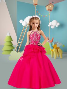 Inexpensive Floor Length Hot Pink Kids Pageant Dress Tulle Sleeveless Beading and Ruffles
