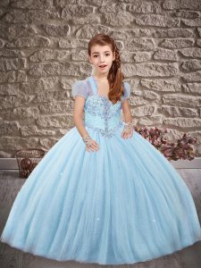 High Quality Light Blue Lace Up Little Girls Pageant Dress Wholesale Beading Sleeveless Floor Length