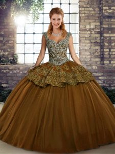 Sleeveless Floor Length Beading and Appliques Lace Up 15th Birthday Dress with Brown