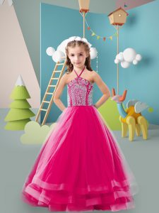 Attractive Sleeveless Tulle Floor Length Zipper Kids Formal Wear in Hot Pink with Beading