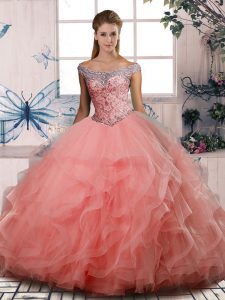 Enchanting Watermelon Red Tulle Lace Up Off The Shoulder Sleeveless Floor Length 15th Birthday Dress Beading