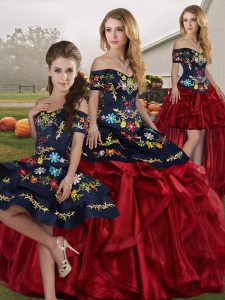 New Arrival Red And Black Lace Up Sweet 16 Dress Embroidery and Ruffles Sleeveless Floor Length