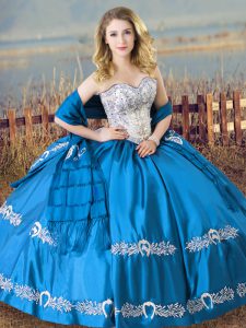 Sweetheart Sleeveless Quinceanera Dress Floor Length Beading and Embroidery Baby Blue Satin