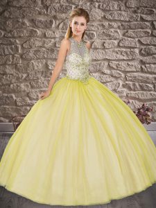 Amazing Gold Ball Gowns Scoop Sleeveless Tulle Floor Length Lace Up Beading Quinceanera Gowns