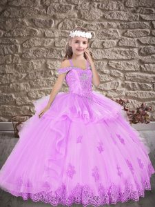 Lilac Lace Up Child Pageant Dress Beading and Appliques Sleeveless Floor Length