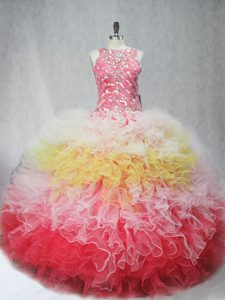 Cute Tulle Scoop Sleeveless Zipper Beading and Ruffles Quinceanera Gown in Multi-color
