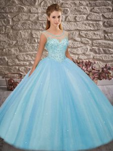 Sexy Aqua Blue Scoop Backless Beading Quince Ball Gowns Sleeveless