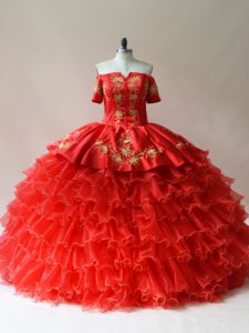 Cheap Organza Off The Shoulder Sleeveless Lace Up Embroidery and Ruffled Layers Vestidos de Quinceanera in Red